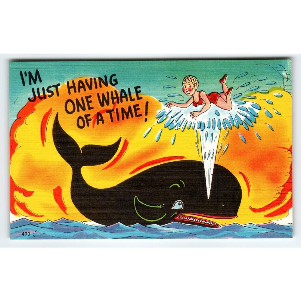 Vintage Linen Comic Postcard Whale and Swimmer Saying 1950s Divided Back